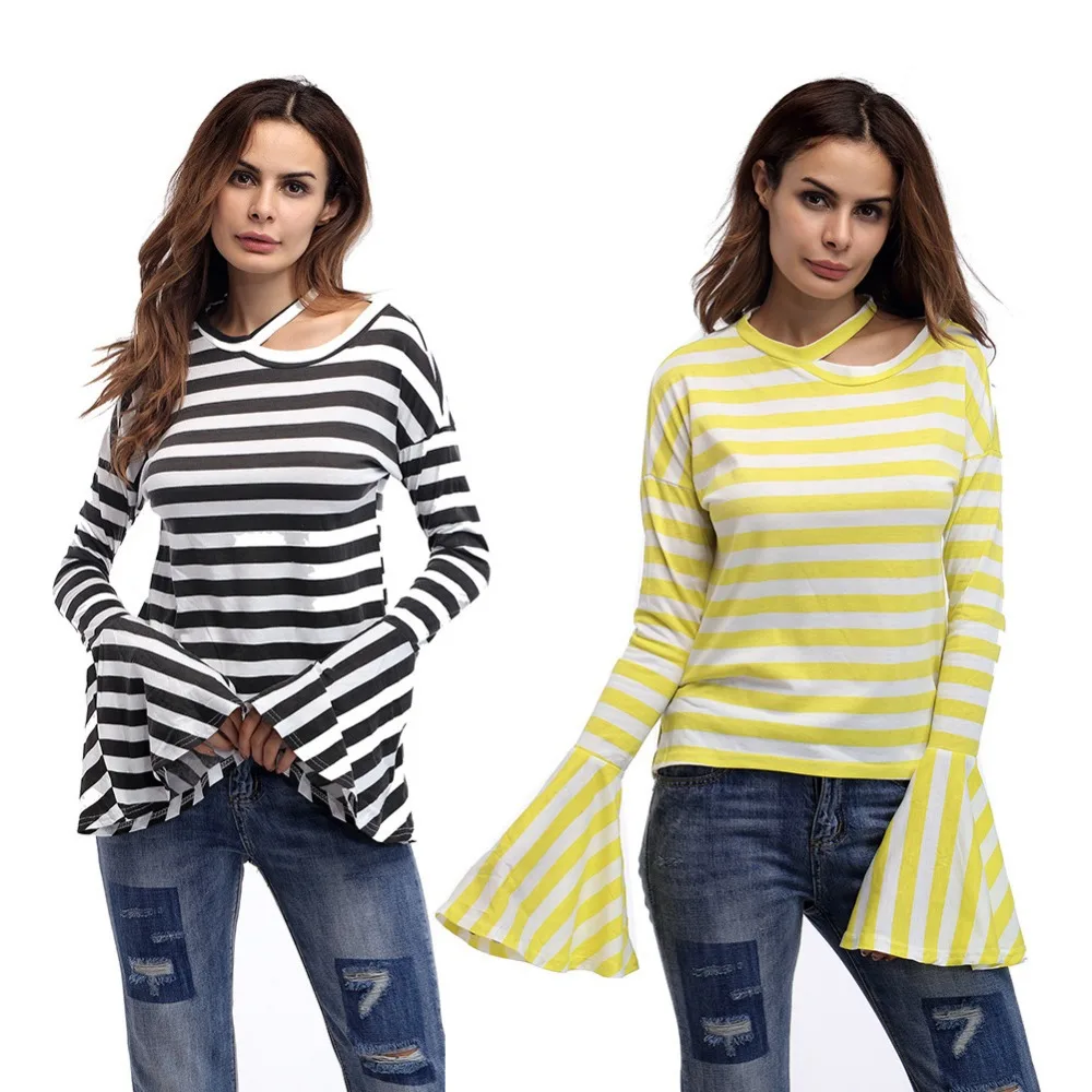 

2017 Summer Women Causal Ladies Cotton Flare Sleeve Striped Tops