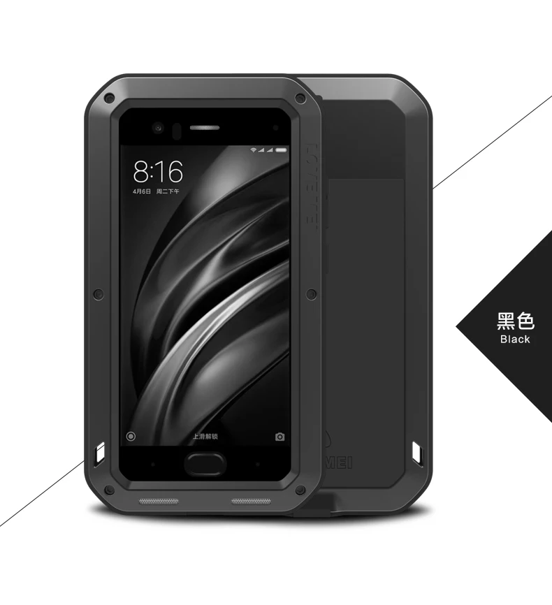 Любовь Мэй мощный чехол для xiaomi mi6 m6 Водонепроницаемый противоударный Алюминий чехол для xiaomi mi 6 свободное закаленное стекло - Цвет: Черный