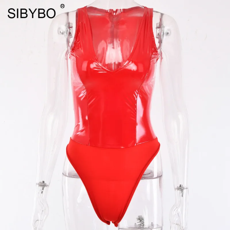 Красный Sibybo/обтягивающее Сексуальное Женское боди из искусственной кожи с v-образным вырезом без рукавов в стиле пэчворк; Летний комбинезон для женщин; пляжные повседневные женские боди - Цвет: Красный