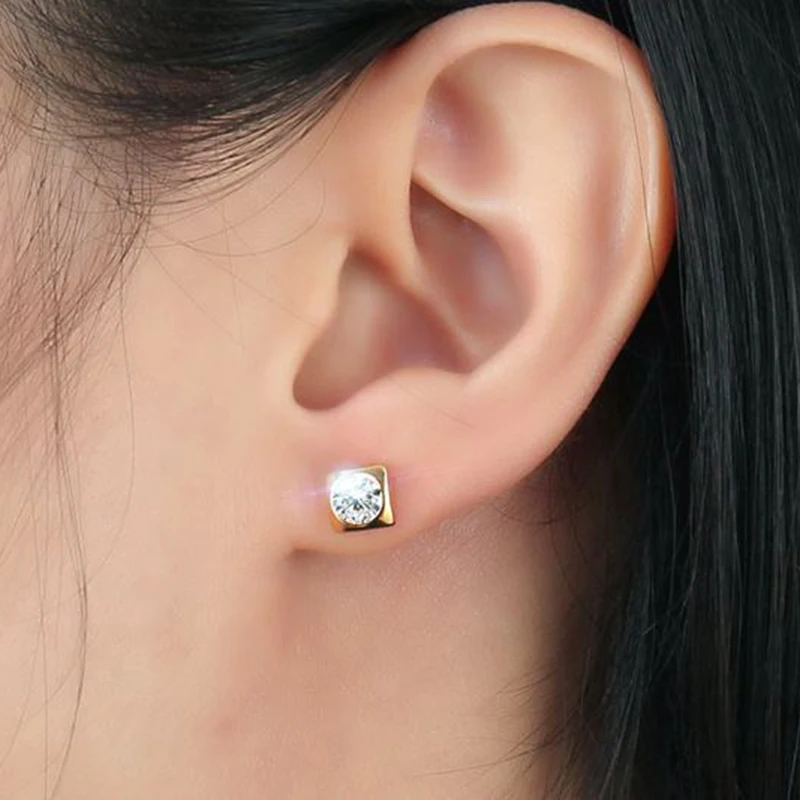Shiny CZ Stone Stud Earrings for Women Wedding Gold-color Stainless Steel Geometric Party Gift Jewelry | Украшения и аксессуары