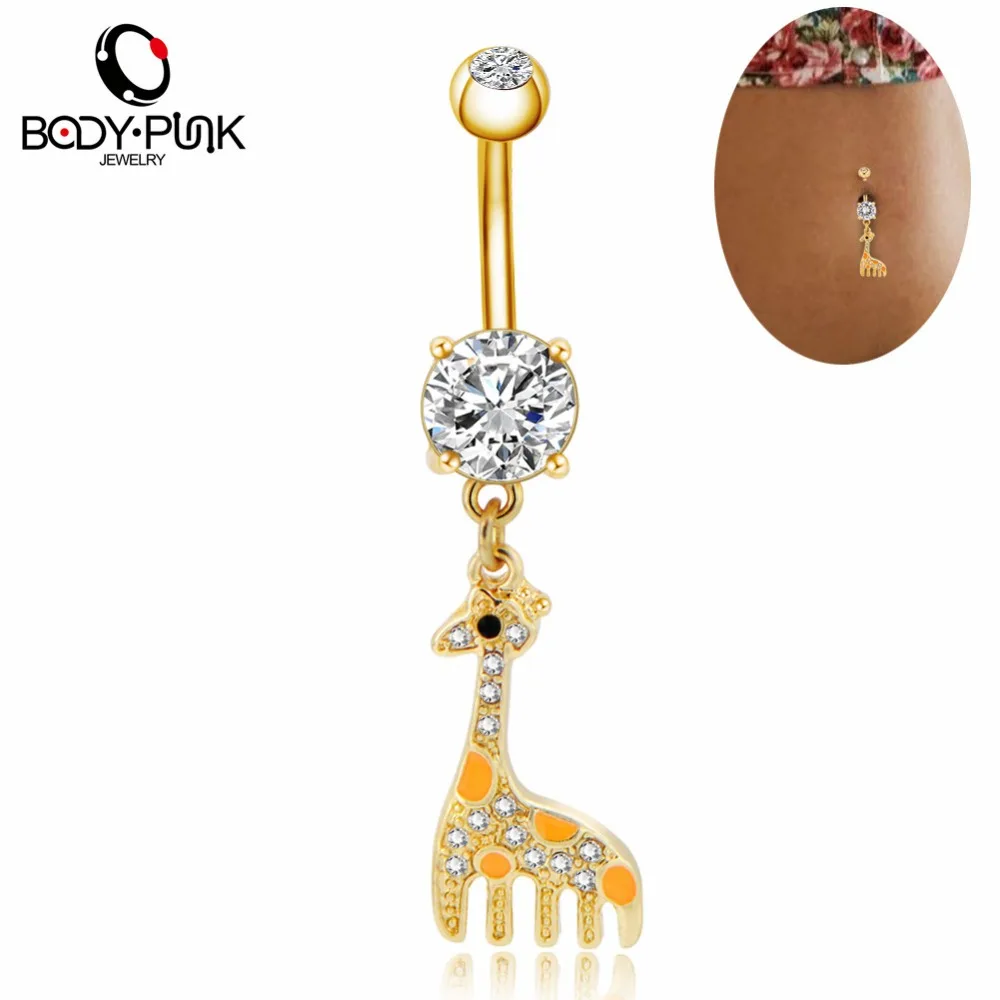 

BODY PUNK Cute Lovely Style Gold-Color With Rhinestone Yellow Enamel Giraffe Belly Button Rings For Women Navel Piercing Jewelry
