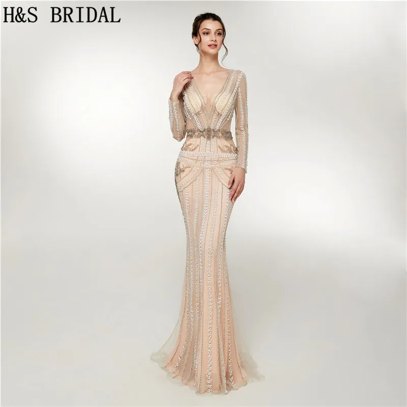 

H&S Bridal Champagne long sleeve evening dress elegant v neck sheer beading luxury prom party gowns 2020