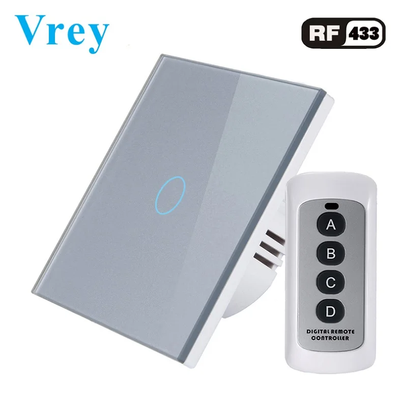 VR-RF-01D Gray Vrey ЕС Стандартный сенсорный выключатель, 1 банда 1 способ, настенный выключатель дистанционного управления, роскошная закаленная стеклянная кристальная панель - Цвет: VR-RF-01D Gray