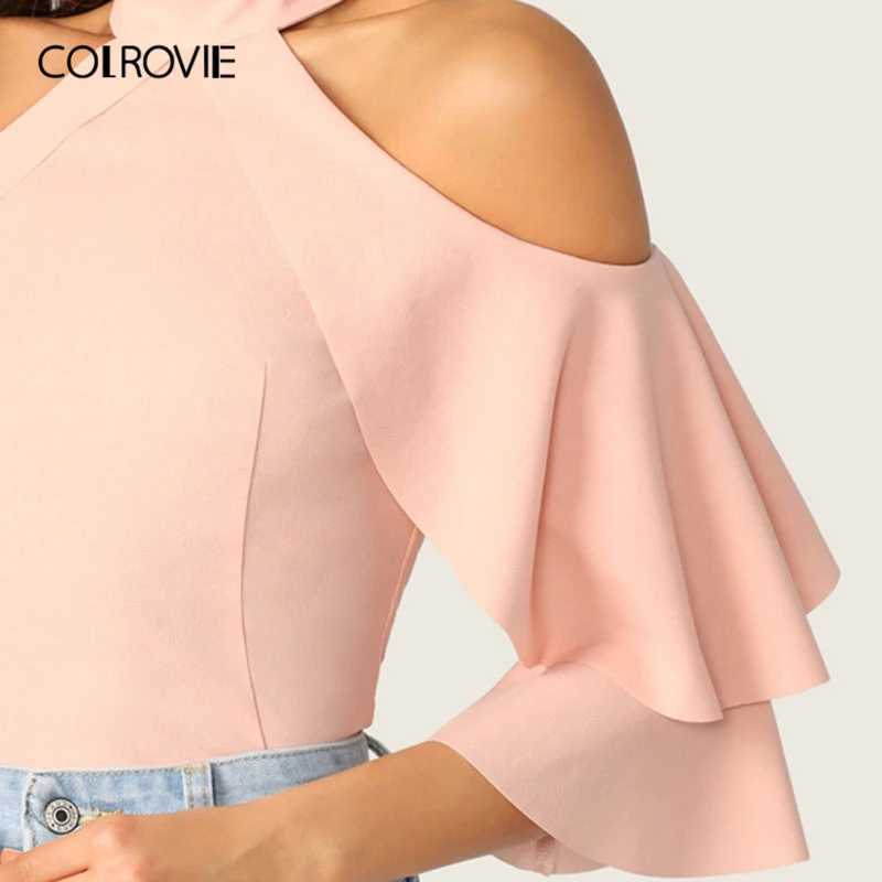 Женская блузка с рюшами COLROVIE розовая Элегантная лямкой на шее и Расклешенным