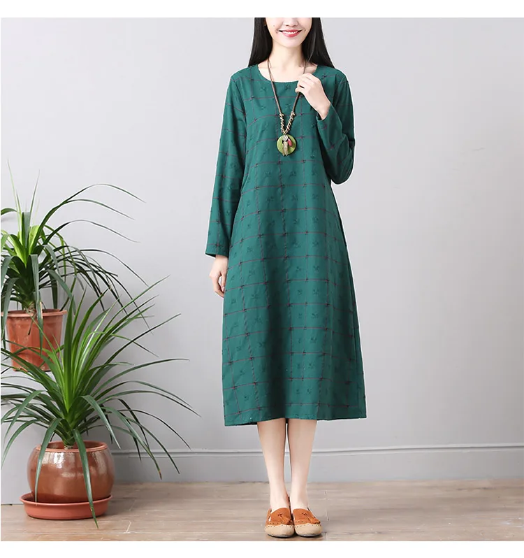 Весна 2018 Ретро стиль большие размеры лен и хлопок длинный рукав в клетку