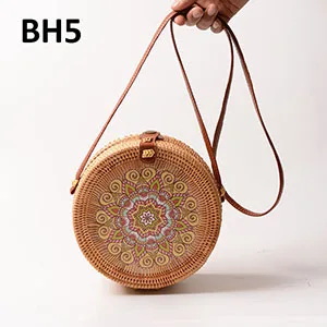 BH5 Женские сумки из ротанга с цветочным принтом, Пляжная винтажная сумка через плечо, женская Соломенная круглая Сумка-слинг B126 - Цвет: BH5