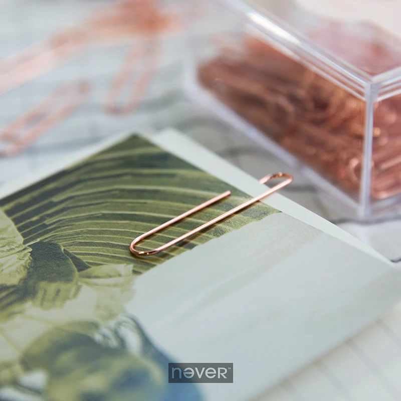 

Never Rose Gold Fashion Paper Clip Pin Box Metal Paper Clips Photo Clip Holder Golden Bookmark Gift Stationary Office Supplies