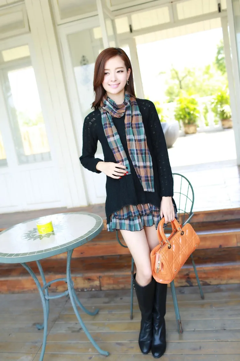 Платье плиссировка винтажный осень женщины вязание свободного покроя шотландка