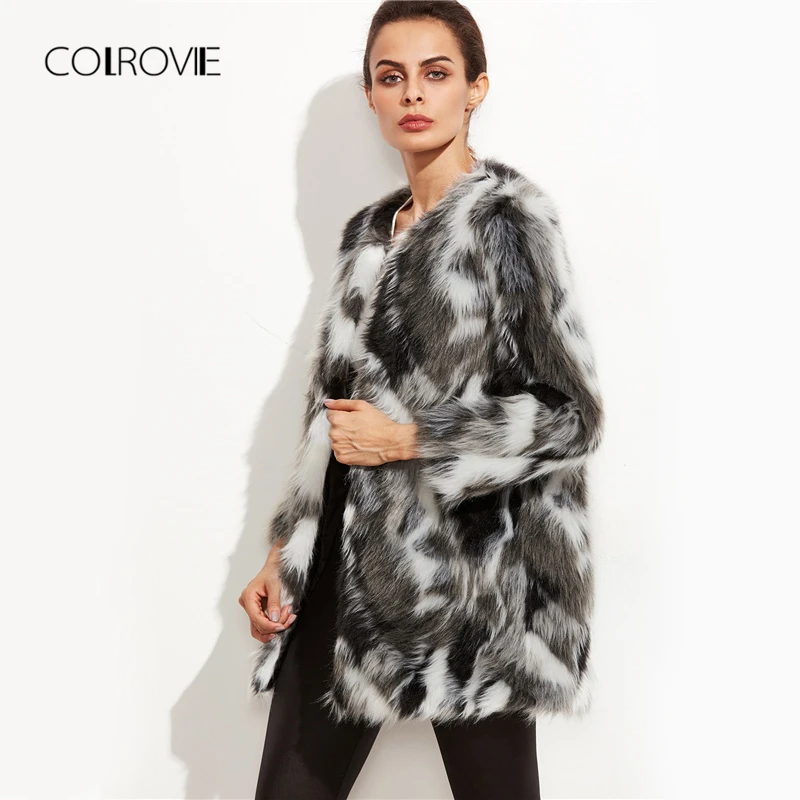 COLROVIE, Женское пальто из искусственного меха, расцветка, открытая спереди, элегантное, Осеннее, модное зимнее пальто с длинным рукавом, OL, пальто для работы, верхняя одежда
