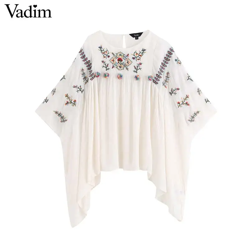 Vadim women sweet batwing sleeve embroidery blouse fur ball decorate female oversized shirts summer chic loose top blusas DA549 |