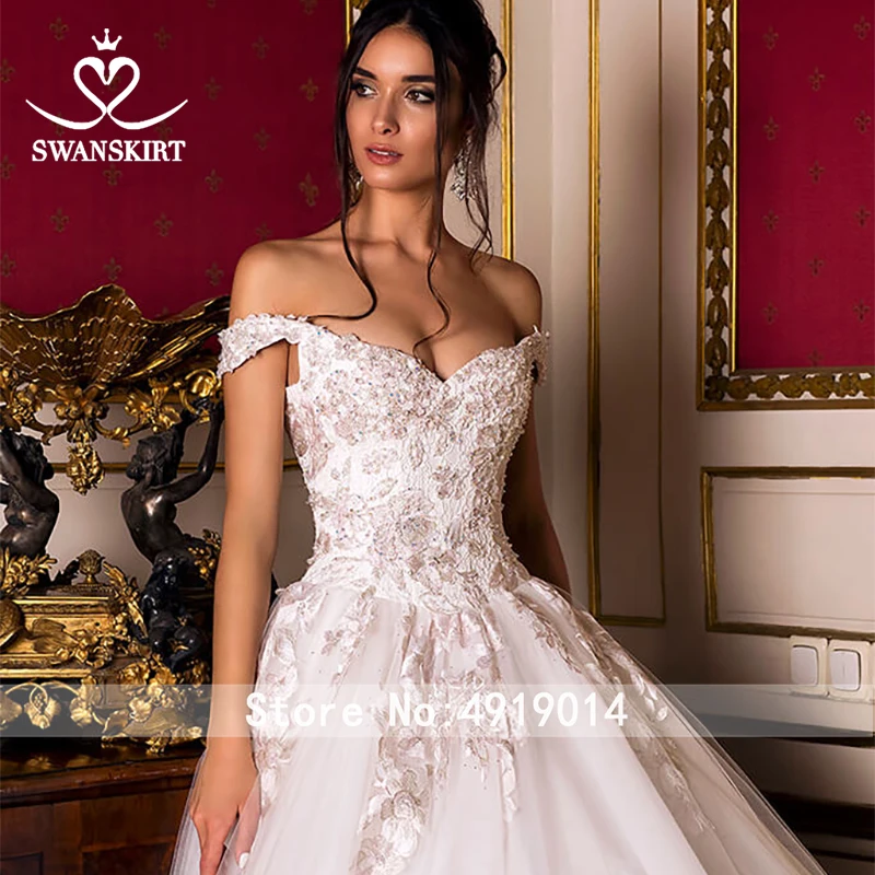 Бальное платье с открытыми плечами, свадебные платья, Swanskirt, розовая Аппликация из бисера, часовня, поезд, свадебное платье, Vestido de novia OZ10