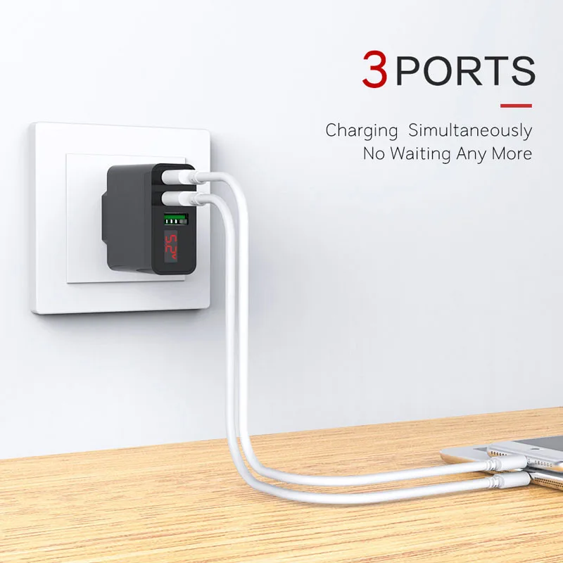 Светодиодный дисплей 3 USB зарядное устройство QC3.0 порта быстрое штепсельная вилка