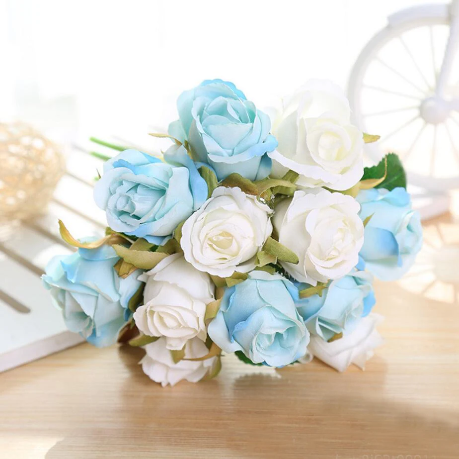 12pcs white blue 1 букет искусственных роз, декоративные шелковые цветы, свадебные букеты для свадьбы, вечерние украшения для дома, свадебные принадлежности 1 - Цвет: 12pcs white blue