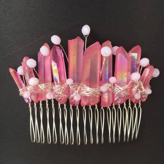 

Pink Crystal Quartz Comb Mermaid Crown Rave Headpiece Hair Clip Mini Tiara Pink Decorative Hair Comb Crystal Quartz Crown Comb