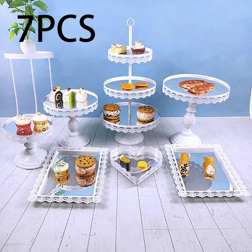 7pcs White Tobs 7 шт./компл. свадебный торт стенд Набор для вечерние украшения с кружевным краем серебро зеркало торт инструменты печенье платформа отображения - Цвет: 7pcs White