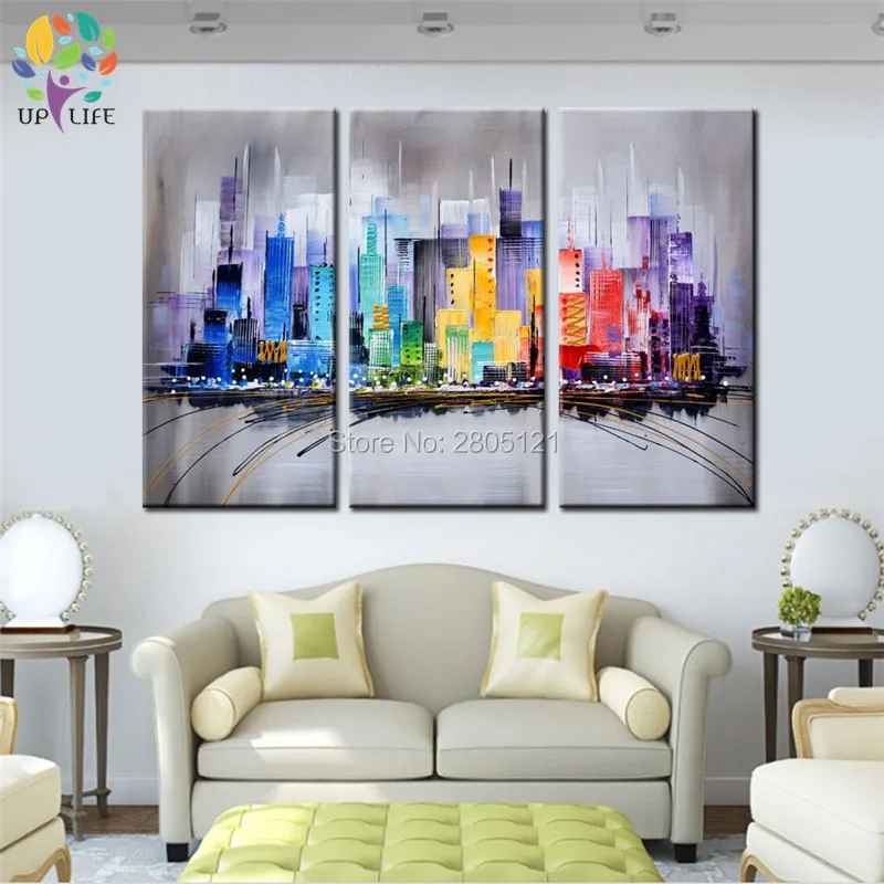 

Hand made abstract city canvas oil painting modern designed colorful city painting triptyth wall picture for sitting living room