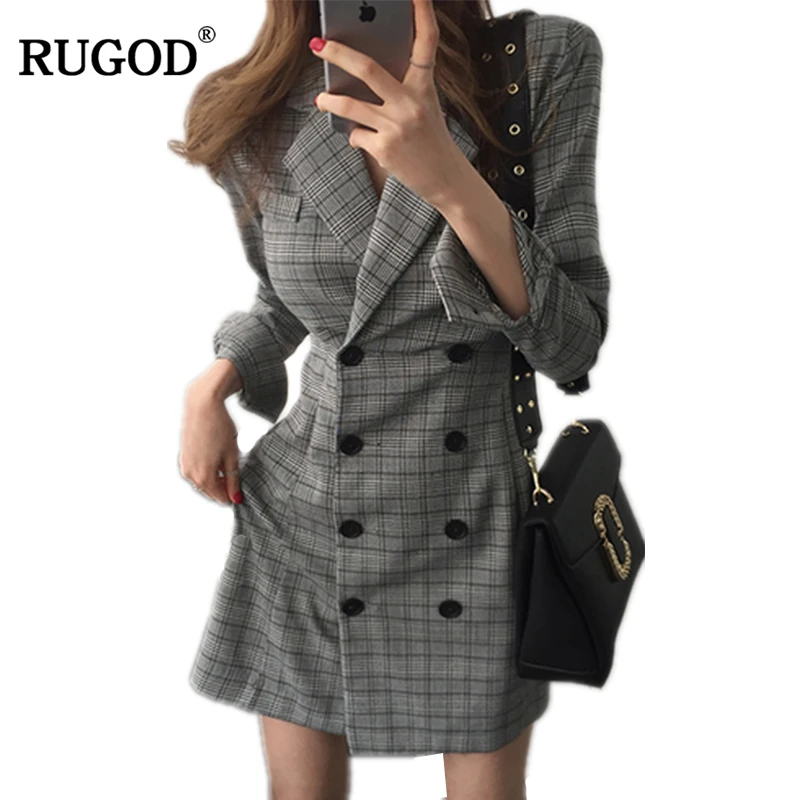 RUGOD Корейский пиджак Платье Офисные женские платья с запахом Мини плед