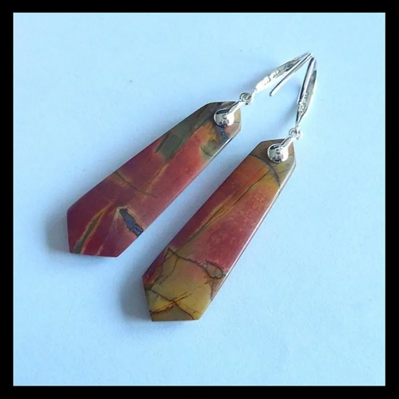 

B&F Wholesale,New Design Hot Sale 925 Silver with Natural Multi-Color Picasso Jasper Gemstone Earrings 38x11x4mm,5.8g