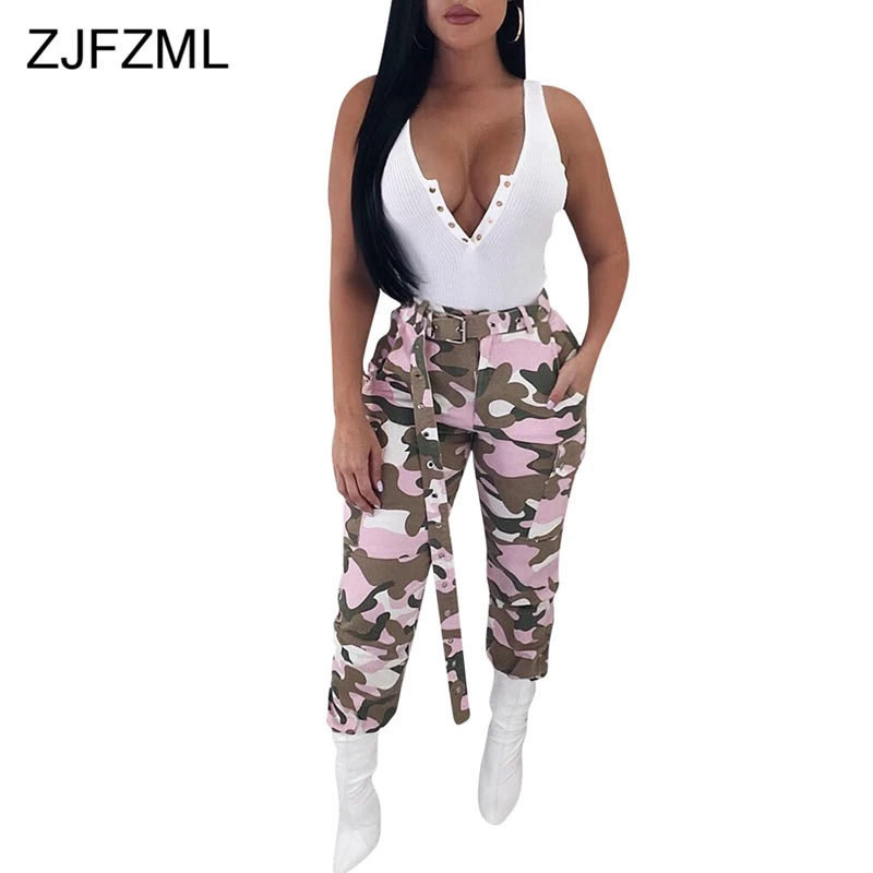 ZJFZML женские модные камуфляжные брюки с высокой талией Pantalon женский брючный костюм длинные спортивные брюки Хлопок Уличная тонкая камуфляжная брюки