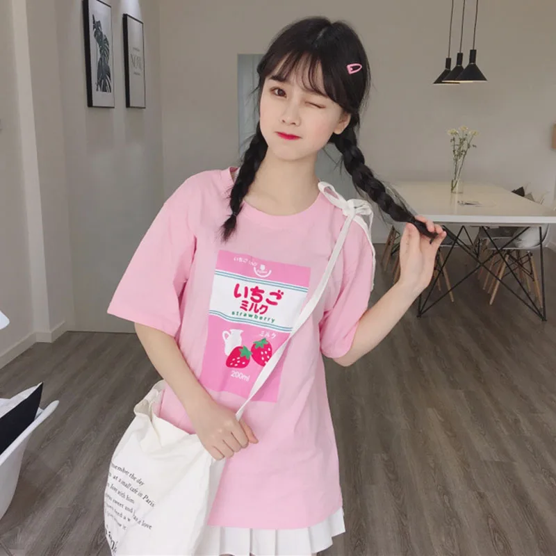 Harajuku Kawaii Strawberry Milk T Shirt Women Summer Korean Ulzzang Cute Short Sleeve Tshirt Tops Schoolgirl Clothes | Женская одежда