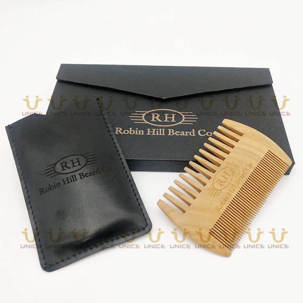 50pcs/lot Natural Green Verawood Sandalwood Comb Men's Beard with PU Case and Box Customized LOGO Wooden for Men | Красота и