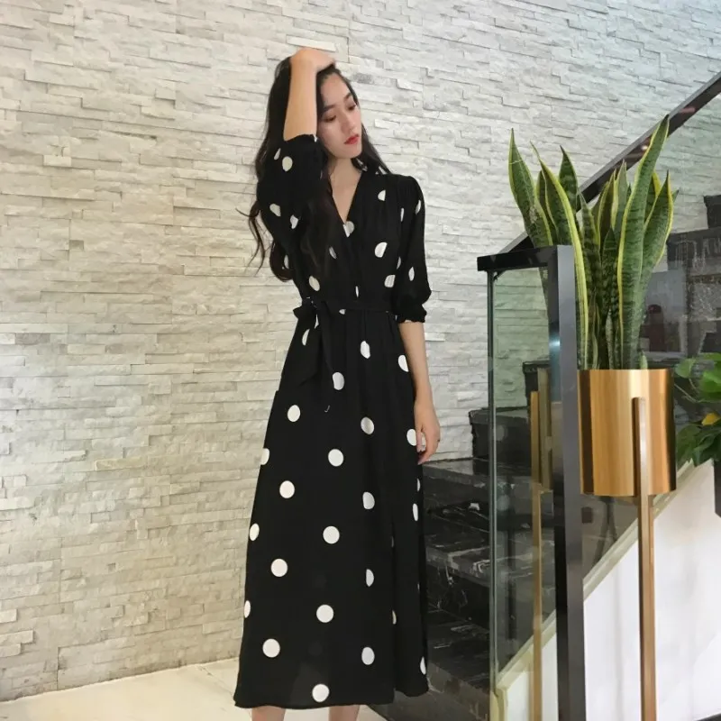 Женское весеннее платье Mixi в горошек с длинным рукавом|Женские платья| |