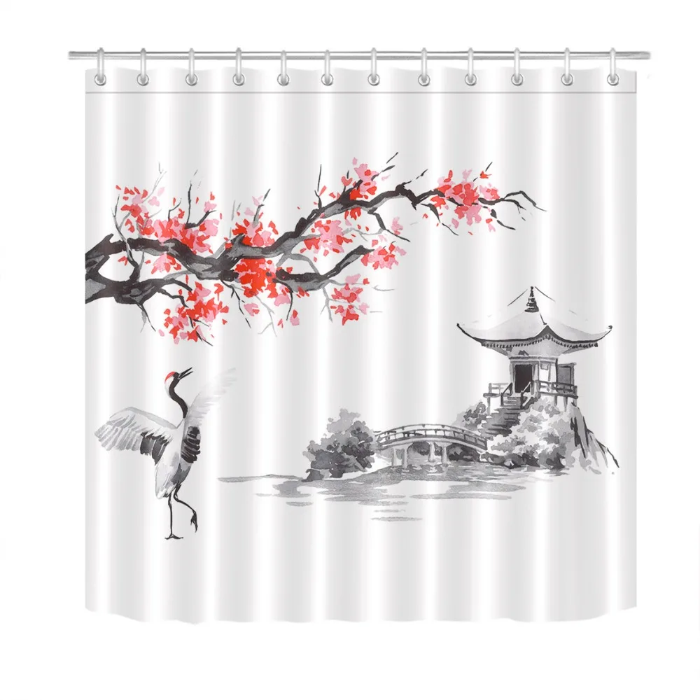LB Японская Традиционная картина Sumi e Sakura Pavilion Crane занавески для душа