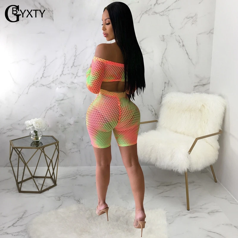 GBYXTY Tie Dye Print Fishnet Shorts Set Summer Beach Outfit Women Off Shoulder Long Sleeve Crop Top and 2 Piece ZL359 |