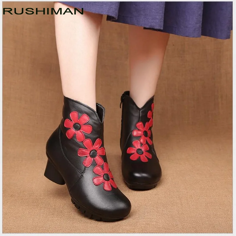

RUSHIMAN Fashion Design Shoes Women Autumn Winter Retro Casual Handmade Ankle Boots Flat Real Genuine Leather Women Shoes