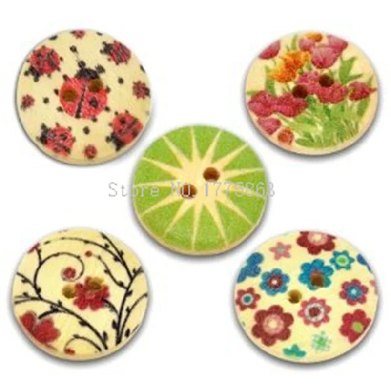 Круглые деревянные кнопки с 2 отверстиями и разноцветным цветочным принтом 50 шт.