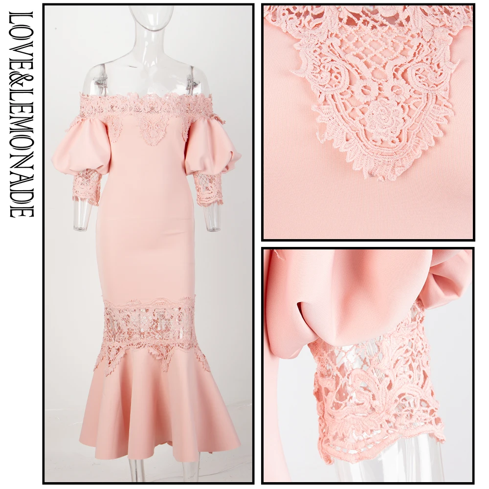 

LOVE&LEMONADE Pink Drop Shoulder Lace Panel Lantern Sleeve Party Dress LM81241-A