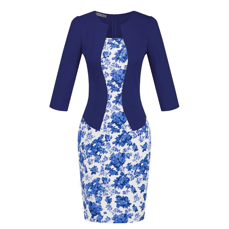 FloralNavy Европейские платья, новое клетчатое платье с рукавами, поддельная деловая одежда, посылка, платье-карандаш, платье с поясом, vestidos LH708 - Цвет: FloralNavy