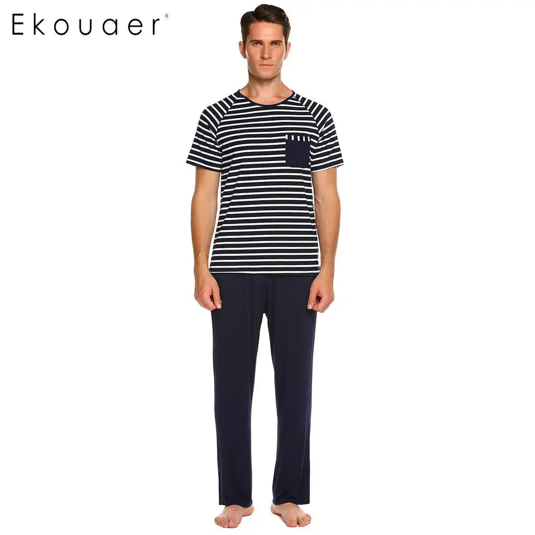 Ekouaer Короткий Мужской пижамный комплект топ в полоску с рукавами Maxmoda и Мягкие