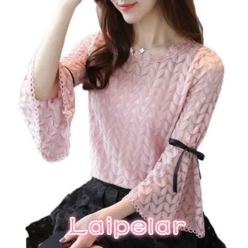 Spring Fashion Solid Lace Shirts Women Blouses Long Sleeve O-neck Hollow Out Bow Flare Sleeve Shirt Women Tops Lace Blouse