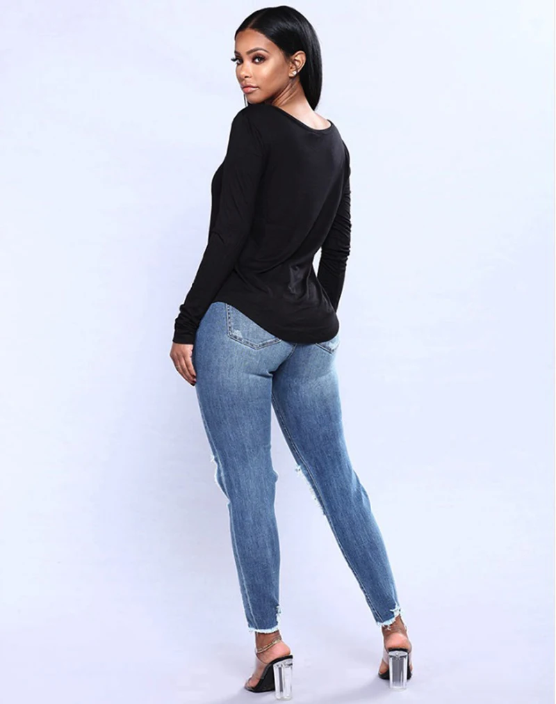2018 ripped hole high street sexy Jeans Women High Waist Skinny Pencil Blue Denim Pants knee Zipper Elastic Stretch women | Женская