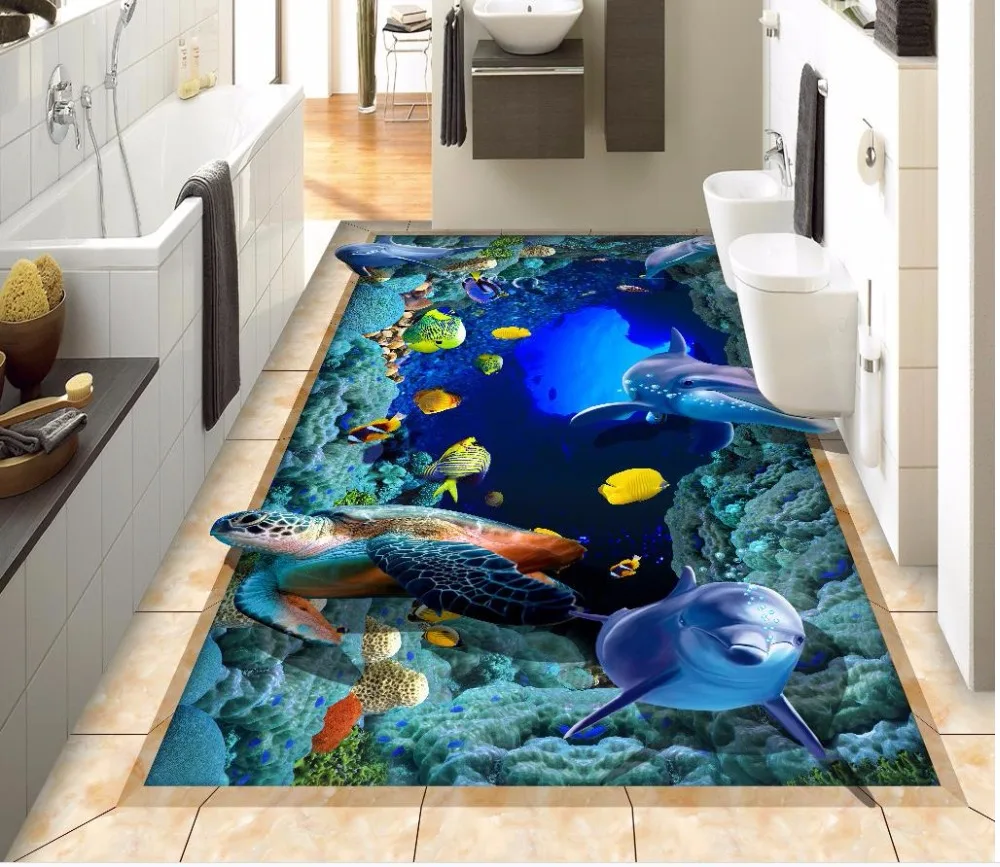 3D обои из ПВХ с рисунком в виде дельфина тропической рыбы|pvc flooring wallpaper|floor