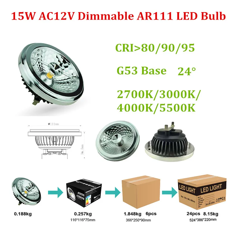 15 Вт CREE чип светодиодные лампы AC12V Triac Dimmable 80Ra 90Ra 24 градусов угол луча 2700K 3000K 4000K 5500K