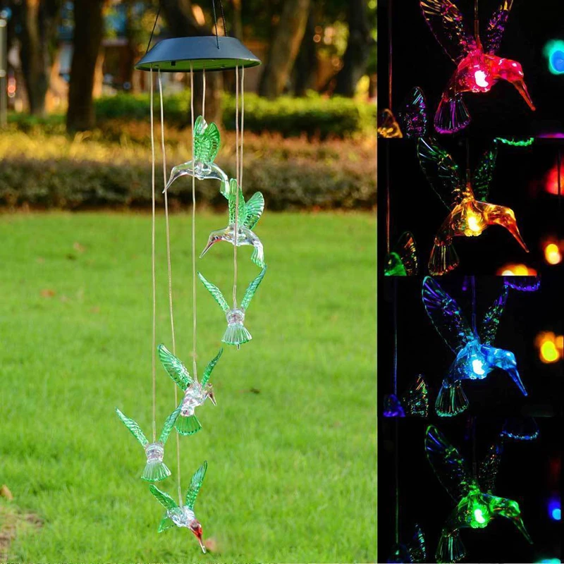 Color Change LED Solar Lamp Solar Wind Chime Light Six Hummingbird Waterproof Outdoor Garden Yard Patio Decor LED Solar Light