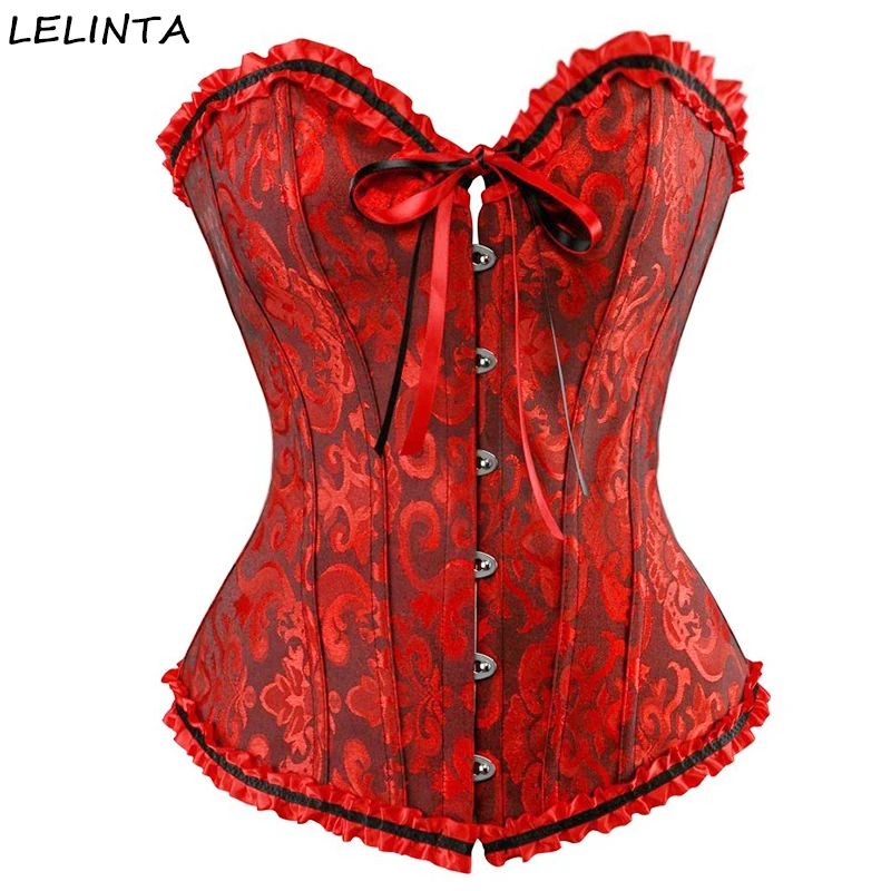 LELINTA женский атласный жаккардовый сексуальный корсет на шнуровке с косточками на талии, Бюстье размера плюс S-6XL топ в готическом стиле корсетный корсет - Цвет: Drak Red