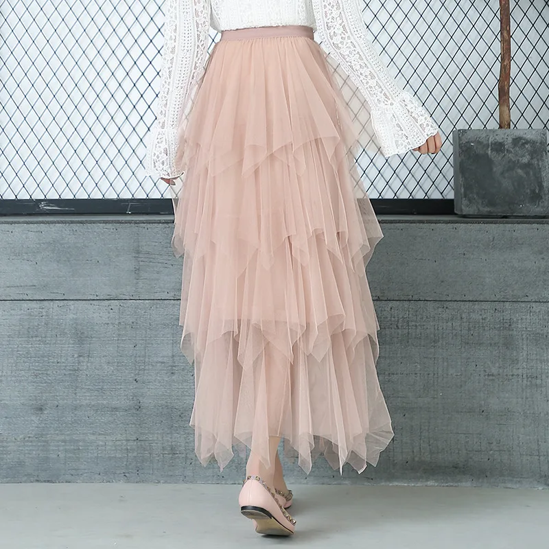 Women's Mesh Layer Cake Fairy Skirt Summer Ruffles Elastic Waist Ladies Sweet Midi Jupe Femme Tulle Tutu Long 3149LY | Женская
