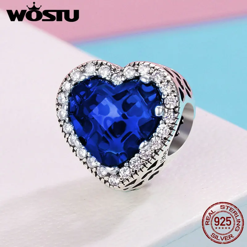 WOSTU новый 925 пробы Серебряный ослепительный сияющий в форме голубого сердца Шарм