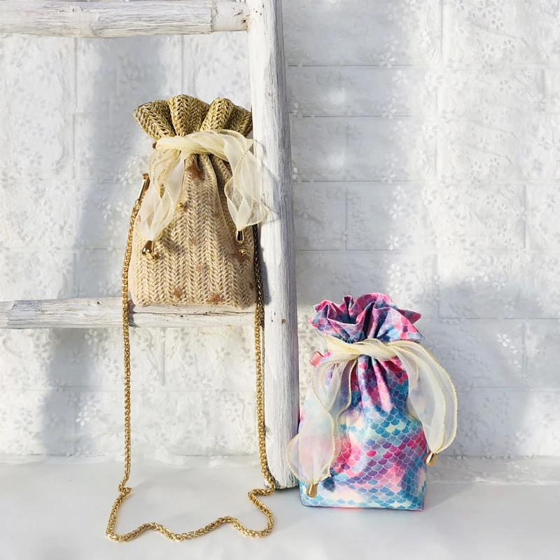 Girly Straw&amp Organza Bucket Bag Teenager Sweet Cute Small Messenger Women Korean Style Fashion Summer Chain Crossbody | Багаж и сумки