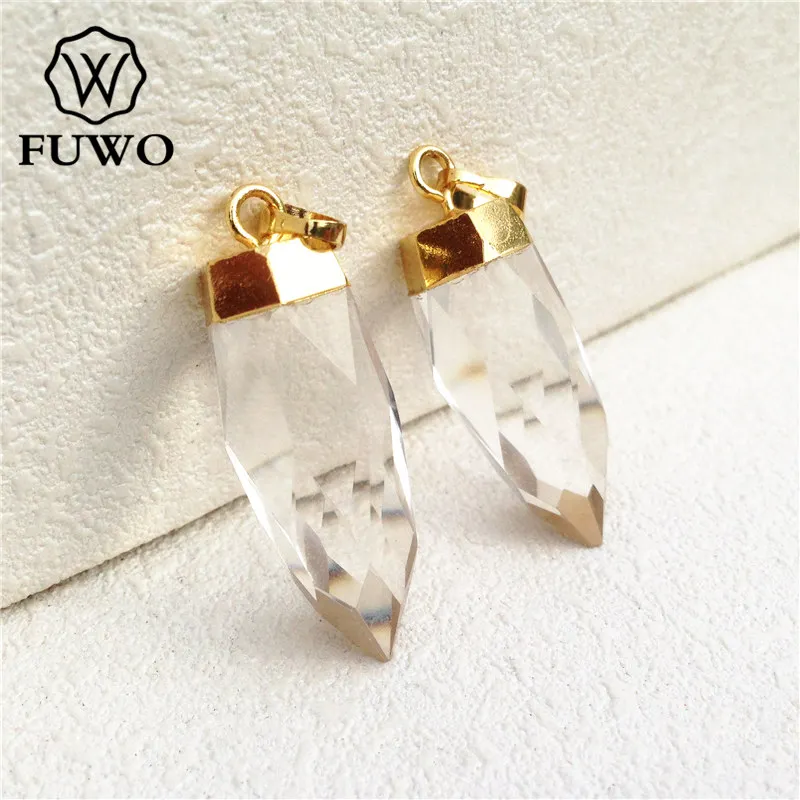 FUWO Резные Хрустальный кварцевый острый конец кулон 24 k золотой Гальванизированный натуральный полу-драгоценные камни аксессуары оптом PD136