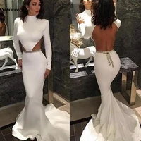 sexy cutaway sides prom dresses long sleeves backless beads satin mermaid evening gowns long pleats fromal vestidos