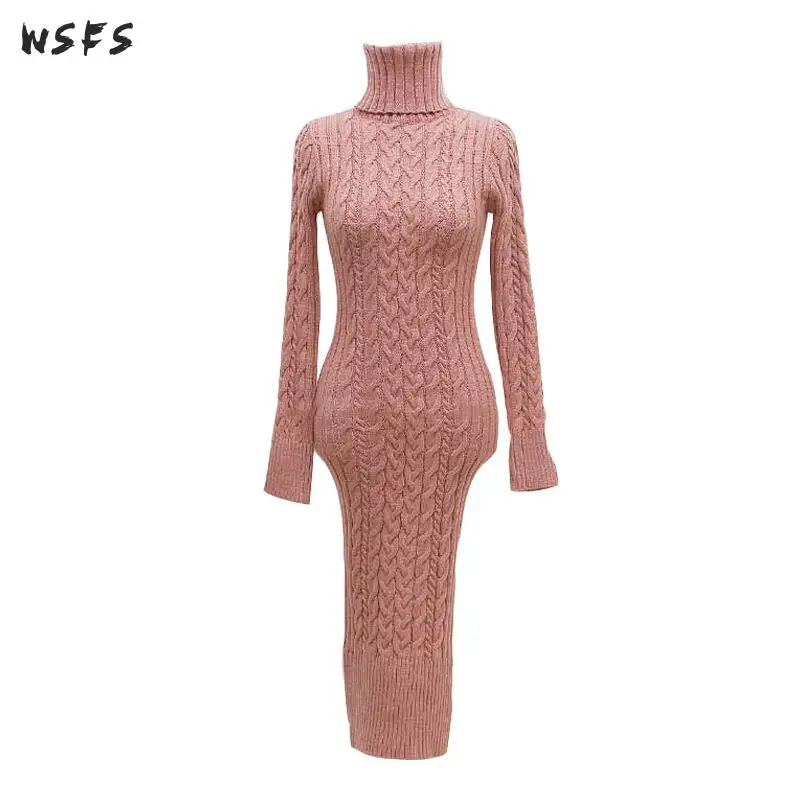 Winter Autumn Sweater Dress Blue Pink Beige Turtleneck Womens Dresses Bodycon Long Vintage Ladies Knitted Wrap Tight Midi Dress