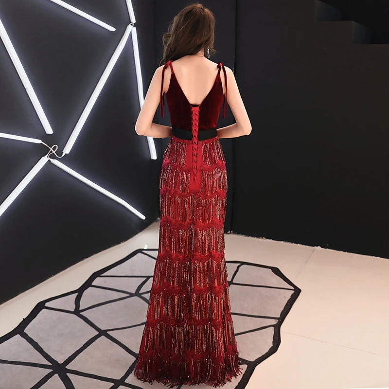 Вечернее платье weiyin De Soiree 2019 новые бордовые Стразы с кисточками сексуальное