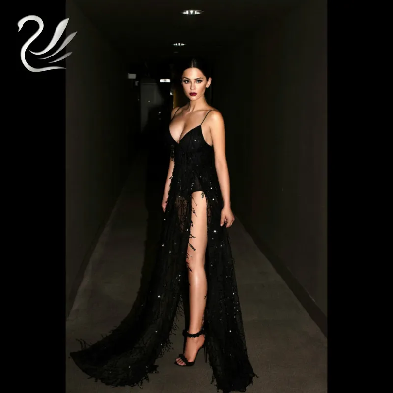 Black Vestidos сексуальный глубокий v-образный вырез с высокой Разделение с пайетками с кисточками длинное платье макси без рукавов Для женщин вечеринка Bodycon Club платья - Цвет: Black