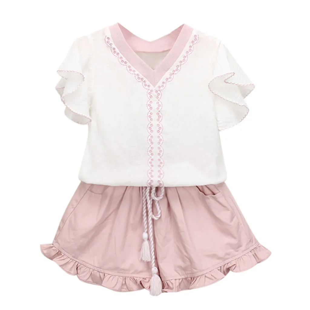 Cotton printed dress Toddler Kids Baby Girls Outfits Clothes Embroidery T-shirt+Ruffles Shorts Set vestido infantil bautizo #06 | Детская