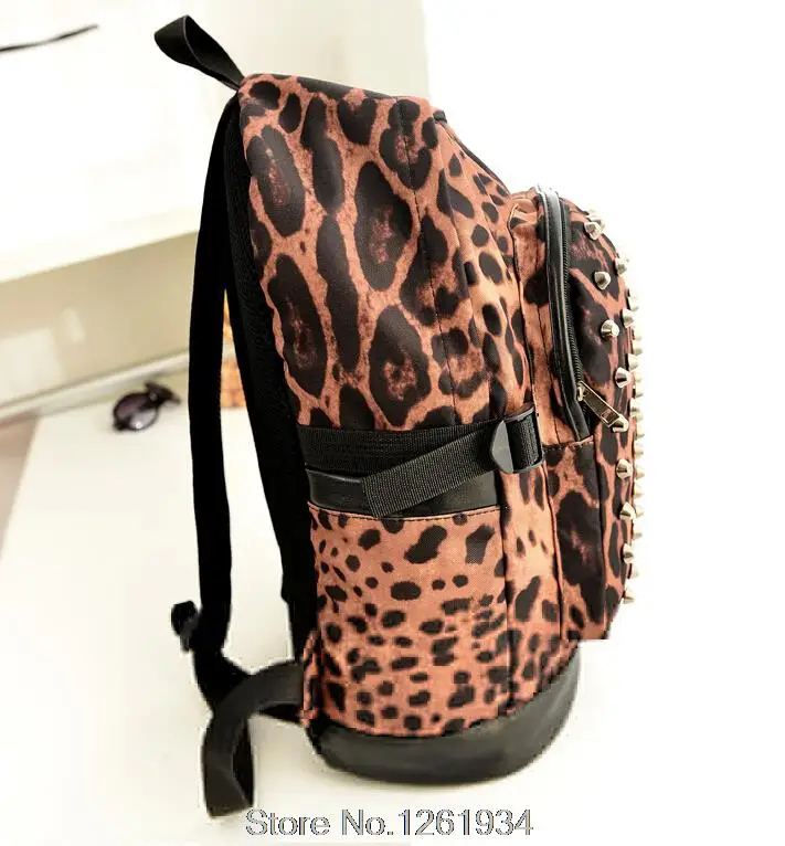 2015 hot canvas women backpack leopard print school bag rivet shoulder female travel bookbag for teenagers | Багаж и сумки