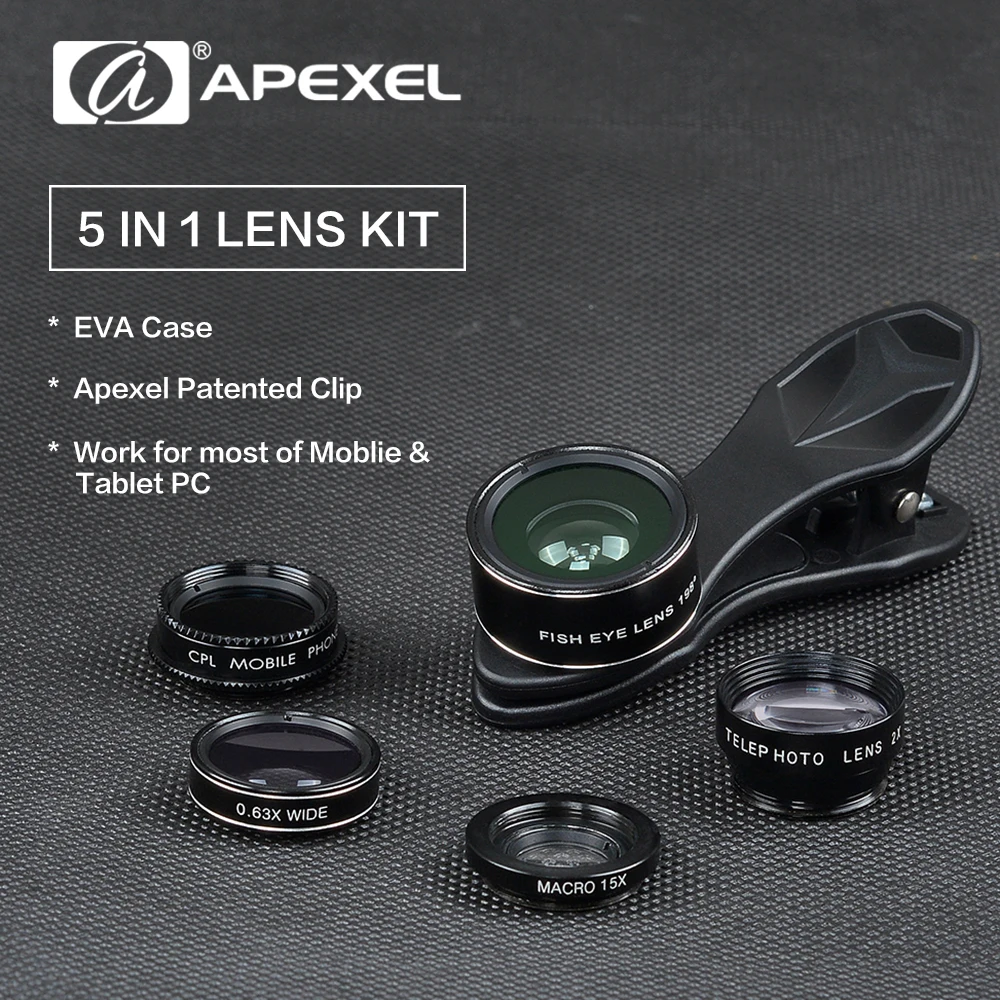 Apexel 5in1 телефон Объективы для фотоаппаратов комплект 2x телефото Lentes рыбий глаз
